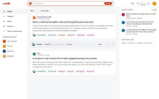 PureFeed - Hide negativity, clickbait & noise :: AI scores every post for negativity, clickbait & value, then hides the junk on Reddit, YouTube, X, and LinkedIn.