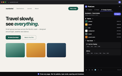 PixelLens :: Turn any web page into clean Markdown for AI, and extract its full design system: colors, type, spacing, tokens. Local, no API key.