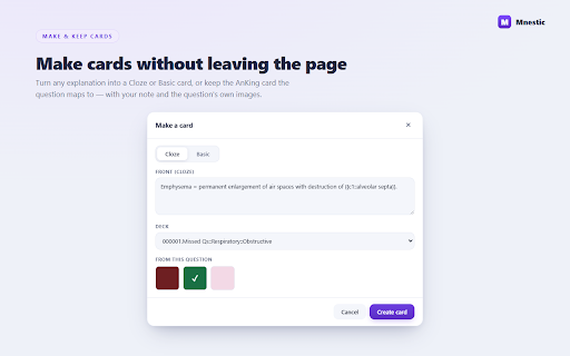 Mnestic :: Link your question bank to your AnKing cards: resource overlays on every question, one-click cards, weak areas, and a tracker.