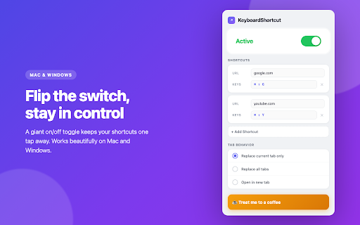 KeyboardShortcut :: Set keyboard shortcuts that instantly redirect your tabs to any website you choose.