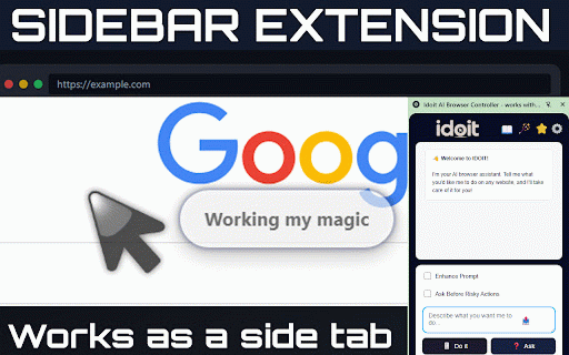 Idoit AI Browser Agent - works with Chrome :: AI-powered browser automation for Chrome. Automate tasks, fill forms, control websites with voice and intelligent web navigation.