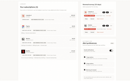 Cancelio: Track, Manage & Avoid Subscription Charges :: Cancelio is a Chrome extension that helps you track subscriptions and get reminders before they renew.