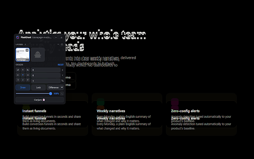 PixelGhost: Pixel Perfect Design Overlay & Visual QA :: Pixel perfect design overlay. Drop a mockup on any page and see where your build drifts. All features free, no account.