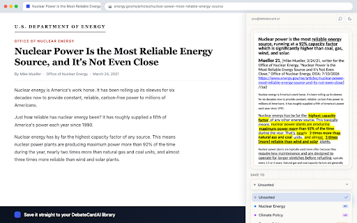 DebateCardAI :: Cut debate evidence cards from any article without leaving the page. Highlight, right-click, done.