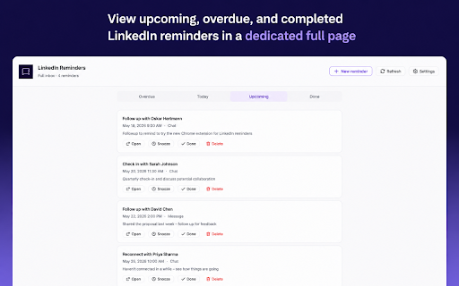 LinkedIn Reminders – Follow Up & Reply Later :: Set reminders for LinkedIn messages, profiles, and posts so you never forget to reply or follow up.