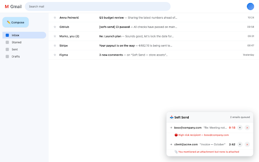Soft Send: Delay & Undo Send for Gmail :: Delay Gmail emails before they send. Undo, edit or cancel, and catch typos, missing attachments and reply-all mistakes.
