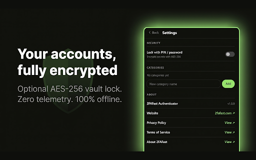 2FAFast Authenticator :: Free, offline 2FA authenticator. Unlimited accounts, QR export/import, works with Google Authenticator, Authy, and any TOTP app.