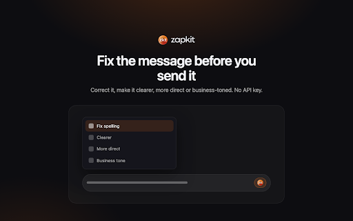 Zapkit for WhatsApp Web: transcribe, translate, privacy :: Tools inside WhatsApp Web: transcribe, translate and rewrite, plus privacy, reminders, quick replies and a PIN lock.