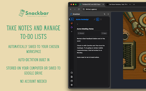 Snackbar :: Organize projects with links, notes, and todos. Stay focused with a visual timer that tracks where your time goes.