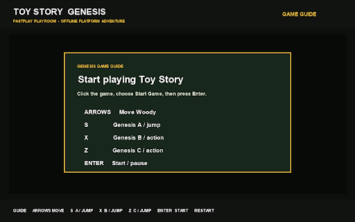 Toy Story - Retro Platform Adventure :: Play the packaged Toy Story Genesis platform adventure offline in a focused Chrome popup.