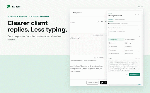 Farisly :: Draft replies, summarize conversations, build offers, and flag risky marketplace messages in Fiverr and Upwork.