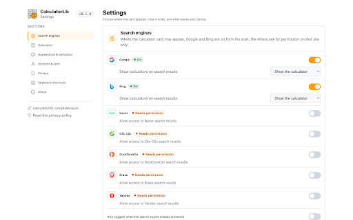CalculatorLib — Calculators in Search Results :: The matching calculator opens beside your search results, pre-filled from the query. 8,000+ tools, 7 search engines.