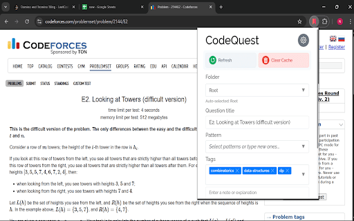 CodeQuest: Save & Track Coding Problems — LeetCode, Codeforces & More :: One-click save for coding problems → auto-fill title, URL, difficulty & tags into your Google Sheet.