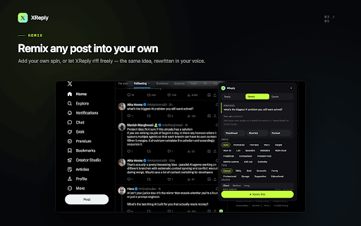 XReply :: AI for X: write replies, remixes, and quote-tweets in seconds. Drafts, your choice of tone — you always review and send.