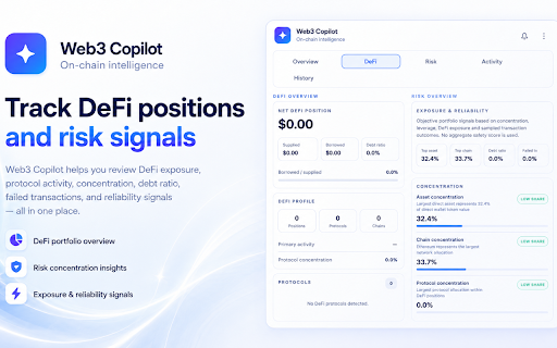 Web3 Copilot – AI Crypto Wallet Analyzer :: Analyze crypto wallets with AI. Review balances, assets, transaction activity and risk signals directly in Chrome.