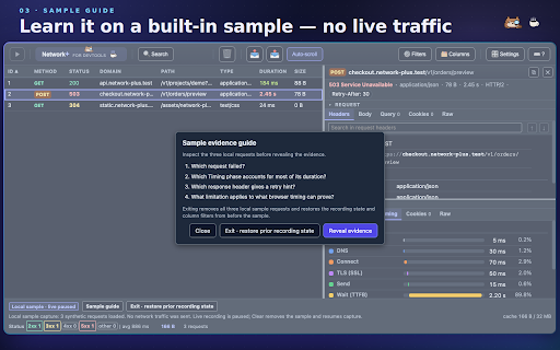 Network+ for DevTools :: Network analysis with sanitized HAR, retention limits, integrated search, accessible UI, and keyboard controls.