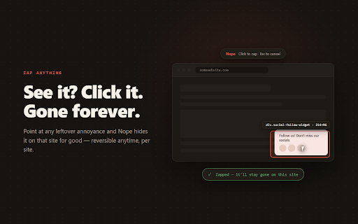 Nope — Reject Cookie Banners, Block Popups & Web Annoyances, Free :: Auto-reject cookie banners and zap popups, newsletter modals, chat widgets & sign-in walls. Reject-first for real privacy. Free.