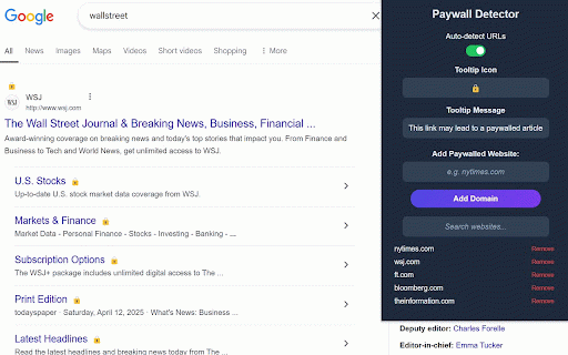 Paywall Detector for Chrome – Detect Subscription-Only or Premium Content :: Shows a warning icon next to Google search results that link to paywalled articles.