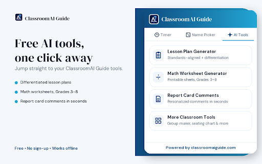 Classroom Toolkit — Timer & Name Picker :: Free classroom timer and random name picker for teachers. Quick links to AI lesson plans, worksheets & report cards.