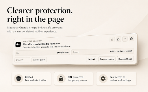 Magnetar Guardian :: Block adult content, gambling, social media, dating, drugs, violence, phishing, malware. PIN-locked, local-only, no tracking.