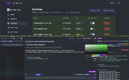 JSX Tool :: Developer tools for modern React. Use LLMs to generate CSS, test styles, and write updates to files using your live browser context.