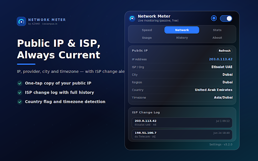Network Meter :: Real-time speed, ping, jitter, public IP, ISP detection, per-site data usage, daily & weekly history, and 6 custom themes.