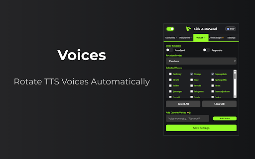 Kick AutoSend :: Advanced Kick chat automation with voice rotation, message repeater, and smart reply features for streamers, moderators and viewers