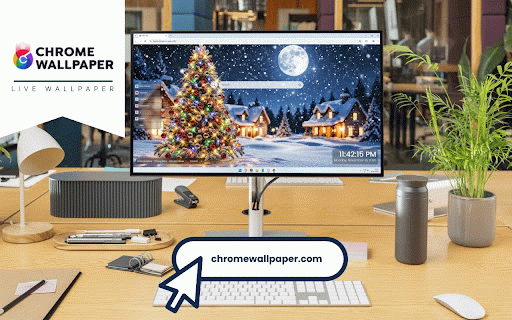 Christmas Background Live Wallpaper :: Sparkling Christmas tree with colorful lights in snowy village under full moon and falling snow.