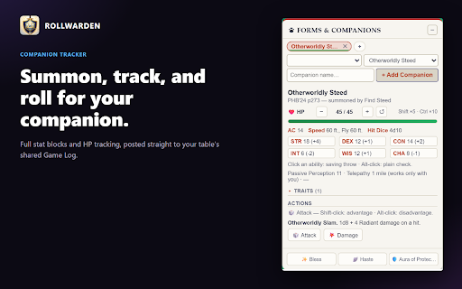 Rollwarden :: Automated dice roller for D&D Beyond: modifier toggles, companion tracking, roll push to Discord & Roll20, and roll stats.