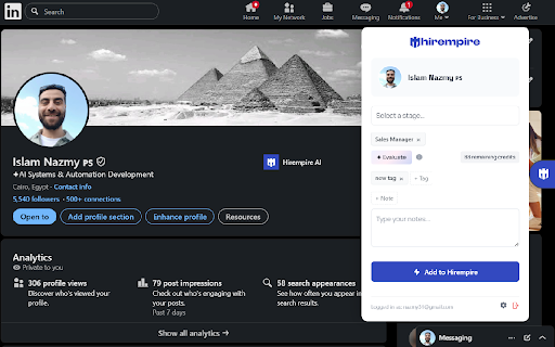 Hirempire Headhunter :: Evaluate prospects with AI and add them to your Hirempire pipeline in seconds.