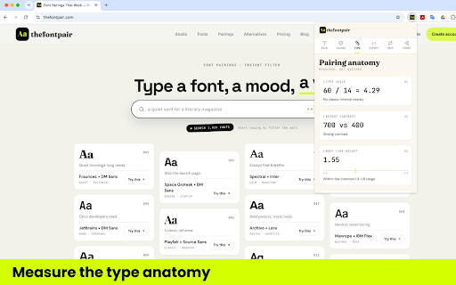TheFontPair — Font & Pairing Inspector :: Inspect any site's font pairing, colors, and type anatomy — then swap pairings live and share branded specimen cards.