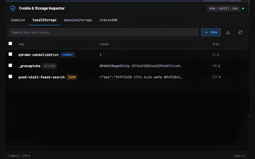 Cookie & Storage Inspector :: Manage cookies, localStorage, sessionStorage and IndexedDB in one panel. Open-source, 100% local. No data ever leaves your browser.