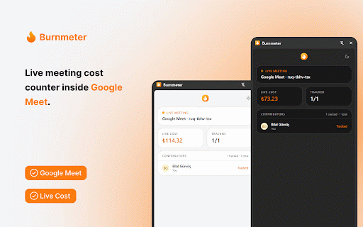 Burnmeter: Meeting Cost Calculator & Tracker :: Meeting cost tracker for Google Calendar & Meet. See how much every meeting costs in real time, per attendee, from salary rates.