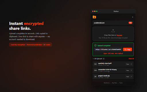 FileShot - Secure File Sharing :: Zero-knowledge encrypted file sharing. Drag & drop upload, screenshots, page media scanner, and instant share links.