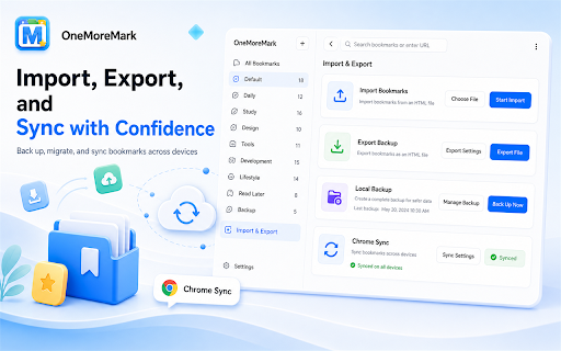 OneMoreMark - New Tab Bookmark Manager :: Turn your new tab into a clean visual bookmark dashboard with categories, cards, import/export, and Chrome sync.