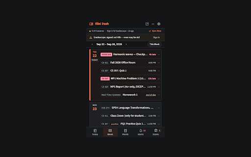 Illini Dash :: Every UIUC deadline from Canvas, Gradescope, PrairieLearn, PrairieTest, smartPhysics and course sites in one list.