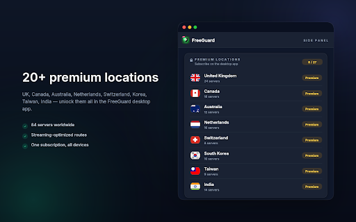 FreeGuard VPN · Stream Proxy :: Per-window HTTP/HTTPS proxy with user-agent, timezone & WebRTC controls. Free trial nodes + bring-your-own proxy.