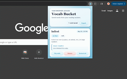Vocab-Bucket :: Lets users save highlighted words on a web page and automatically fetch their meanings