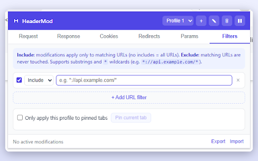 HeaderMod :: Modify HTTP request and response headers. Create profiles, filter by URL, and toggle headers on the fly.