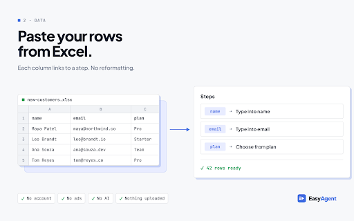 EasyAgent: Browser Macro Recorder & Form Filler :: Browser macro recorder & form filler. Record clicks and typing once, replay them for every row of your Excel or CSV data. Free.