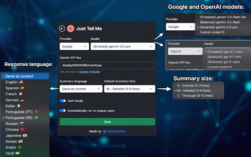 Just Tell Me :: Quickly ask AI to summarize the current page or answer a question about it.