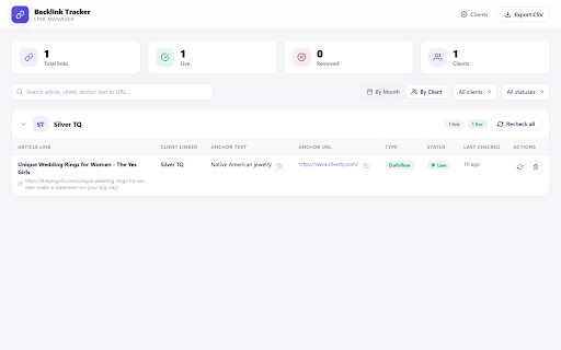 Backlink Tracker :: Detect, save & monitor client backlinks, track which domains link each client, and get alerts when links drop. 100% local.