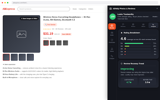 AliHelp: AliExpress Reviews, Photos & Seller Trust Check :: Get a Buy Confidence Score, seller trust check & fake-review detection on AliExpress. View, filter & save buyer photos/videos.