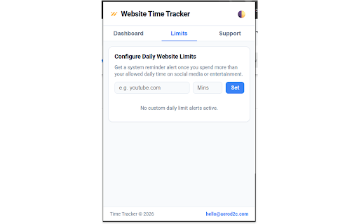 Website Time Tracker :: Track how much time you spend on each website, analyze productivity with daily & weekly reports, and set site limits.