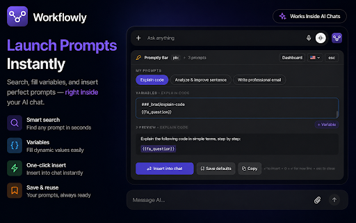 Workflowly - AI Workflow & Prompt Launcher :: Run AI workflows and launch prompts inside ChatGPT, Claude & Gemini. No tab switching. No copy-paste.