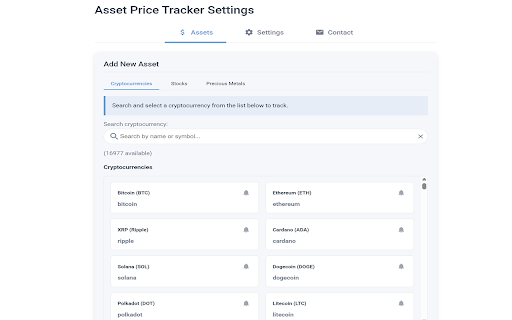 Asset Price Tracker :: Tracks prices of cryptocurrencies, stocks, and precious metals, providing alerts when target prices are met.