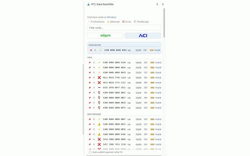 PTL Card Autofiller :: Sidebar test-card autofill for Adyen, ACI, Stripe, and other payment gateways.
