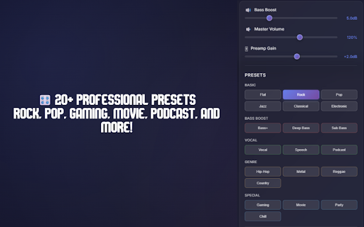 Audio Equalizer Pro – ServerCon :: Professional 10-band audio equalizer with bass boost, presets, and volume control for any website