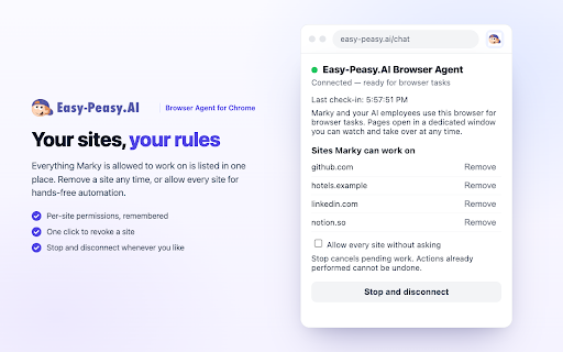 Easy-Peasy.AI Browser Agent :: Let Marky and your AI employees work in your own browser — pages open in a new tab you can watch and take over at any time.
