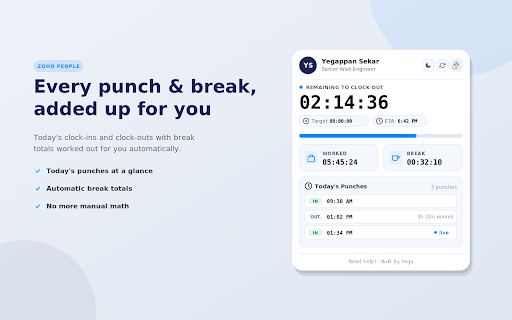 Zoho People Time Tracker :: See remaining work hours, punches, weekly summary, and permission usage from Zoho People - live in a popup, no page needed.